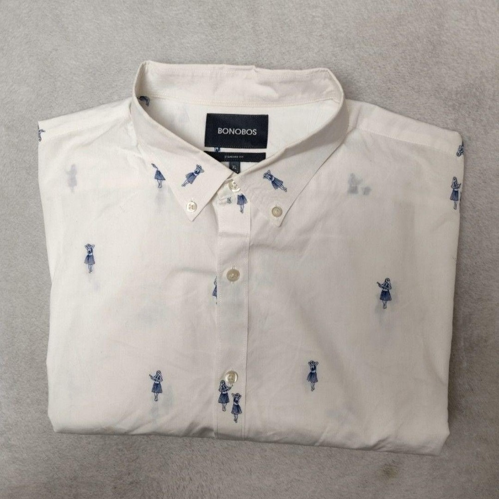 Bonobos Shirt Mens XL White‎ Hula Girl Button-Up Regular Cotton Hawaiian Work